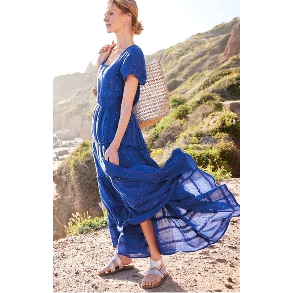NEW! Soft Surroundings Kara Shimmer Tiered Sequin Maxi Dress Blue SZ M